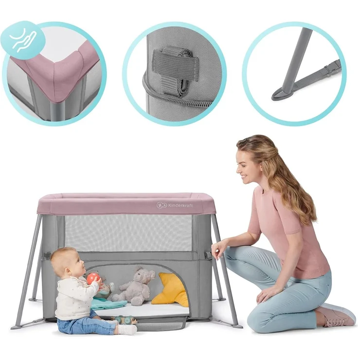 kk Kinderkraft Kinderkraft Reisebett 2 in 1 MOVI, faltbares Kinderbett, Laufgitter, Separater Eingang, 2 Matratzenhöhen, Zusammenklappe, mit Zubehör, Matratze, Tragetasche, Rosa, Stahl, Aluminium – Bild 9