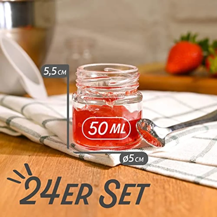 Praknu Einmachglas 24 Mini Gläser mit Deckel 50 ml - Mit Etiketten und Stift, Glas, (Set, 24-tlg), Mit Etiketten & Stift - Luftdicht - Spülmaschinenfest – Bild 3