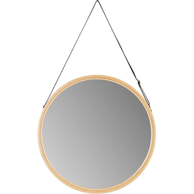 Levandeo® Wandspiegel, Wandspiegel 38cm Rund Bambus Holz Kunstleder Flurspiegel Wanddeko – Bild 1