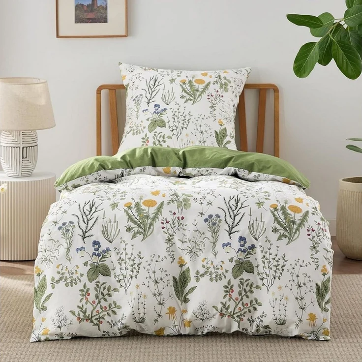 Fyrove Bettwäsche Bettwäsche Bettdeckenbezug - Bettwäsche Set Blumen Grün Muster, Bettwäsche Motiv mit Zweigen und Blättern mit Kissenbezügen 80x80 cm – Bild 2