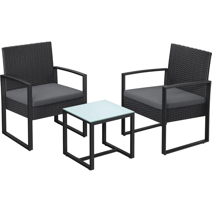 SONGMICS Balkonmöbel, Gartenmöbel-Set, aus PE-Polyrattan, Lounge-Set, Tisch und 2 Stühle, Terrassenmöbel, einfache Montage, Outdoor, für Terrasse, Balkon, Garten, schwarz-grau GGF010G05