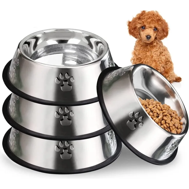 Edelstahlnapf für Hunde und Katzen (4er-Set) mit Gummiboden, geeignet für kleine und mittelgroße Tiere, Kätzchen und Kaninchen, 18 x 13 x 5,5 cm