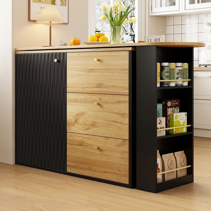 Ausziehbarer Bartisch 138–204×39×104 cm, 360° Dreh- und Ausziehfunktion, Wellendekor-Türen, 3 Schubladen, 3-stufiges Seitenregal, 104cmx138-204cmx39cm, Schwarz – Bild 4