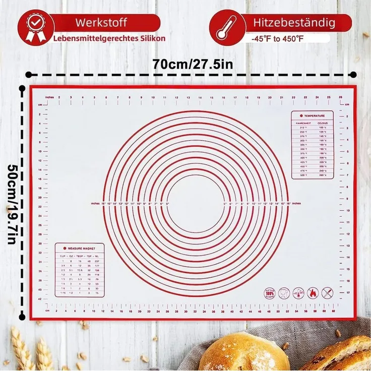 PFCTART Backmatte 70 x 50 cm Backunterlage Silikon Backen Rutschfest Backmatte groß, Silikon+Glasfaser, für Plätzchen, Pizza Teig, Brot, Fondant