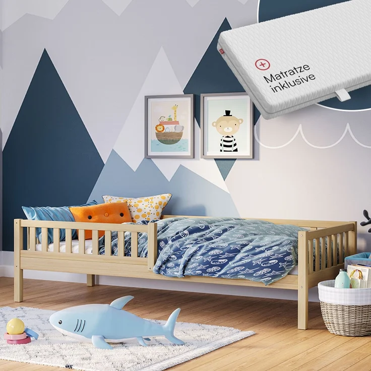 Bellabino 'Vils' Kinderbett 90x200 cm mit Matratze, natur, Kiefer Massivholz, Montessori Bett mit Lattenrost und mit abnehmbarem Rausfallschutz – Bild 1