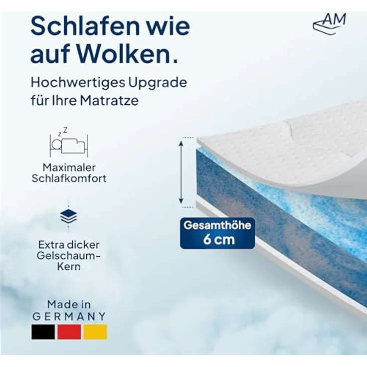 AM Qualitätsmatratzen Gel Topper 140x190cm, 6cm hoher Gelschaum mit waschbarem Bezug, OEKO-TEX zertifizierter Memory Foam, Made in Germany – Bild 2