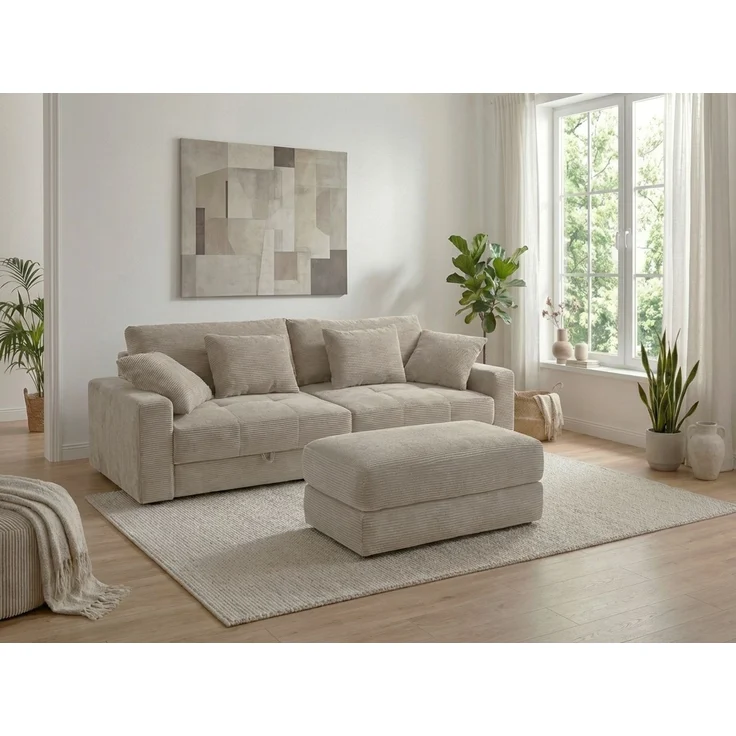 Polsterhocker 124x60 cm Federkern Sitzbank Designerhocker in Cord Beige Grau – Bild 4