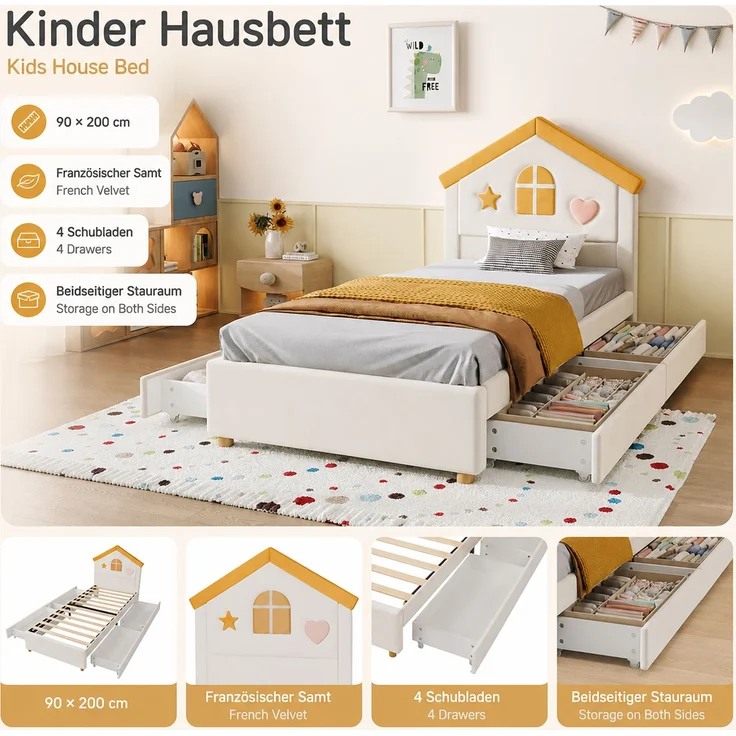 Merax Kinderbett, 90x200 cm, Polsterbett, mit 4 Schubladen, Stauraumbett für Kinderzimmer, Jugendbett mit französischem Samt, gepolstertes Bett mit Haus-Kopfteil, Beige – Bild 6