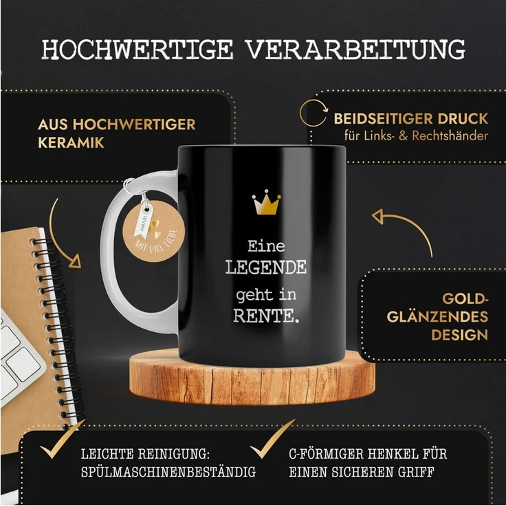 Amari Tasse Rentner Lustiges Geschenk für den Ruhestand Bürotasse, Keramik, hochwertige Goldveredelung, Kaffeetasse, Teetasse, Rente – Bild 2