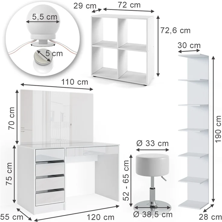 Schminktisch Sherry Weiß 5 Teile, mit Aufbewahrungsregal, Standregal, Spiegel, Hocker, LED Vicco – Bild 3