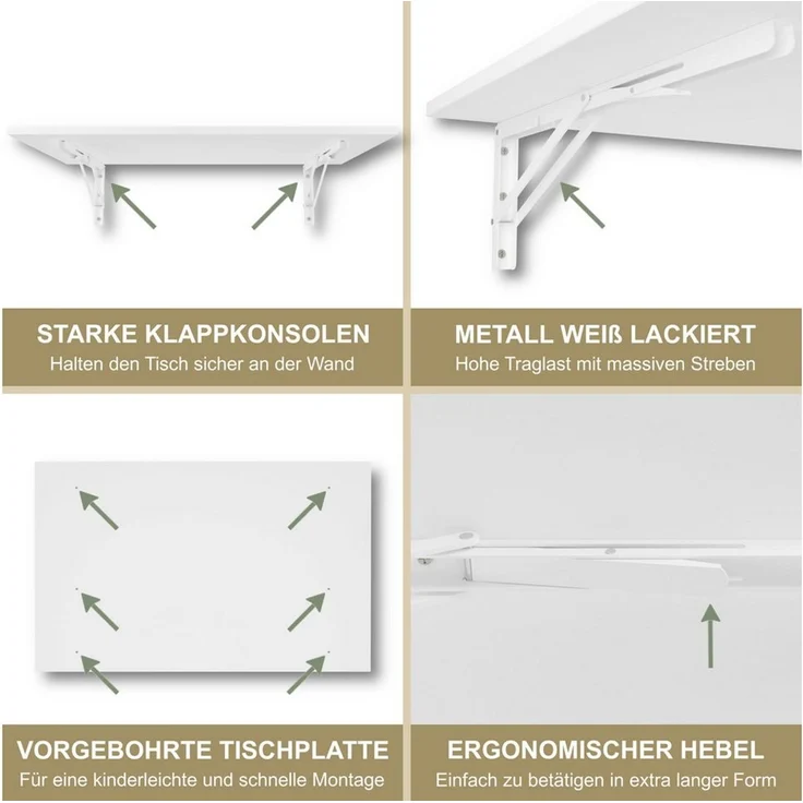 KDR Wandklapptisch 80x50 cm Weiß – Klappbarer Tisch zur Wandmontage – als Esstisch, Schreibtisch, Küchentisch oder Arbeitsplatz – Platzsparend & vielseitig einsetzbar – Bild 4