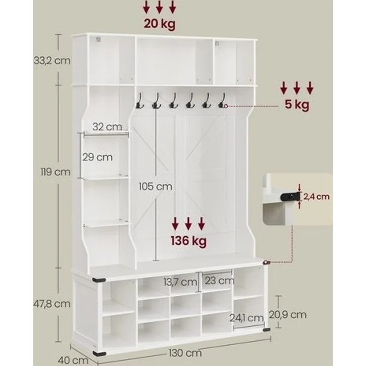 VASAGLE Kleiderständer, Garderobe, Eingangsmöbel mit Schuhregal, verstellbare Ablagen, 20 offene Fächer, 6 Dreifach-Haken, Landhausstil, freistehend, für Eingangsbereich, Flur, wolkenweiß HSRDE440W03 – Bild 5