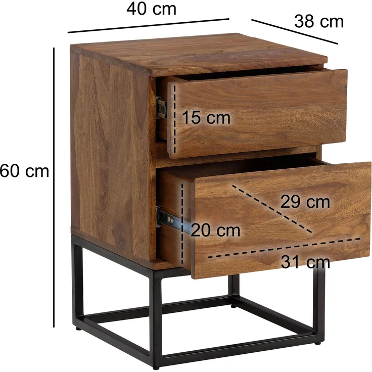 FineBuy Nachttisch Sheesham Massivholz mit Metallgestell und 2 Schubladen – Nachtkonsole im Industrial Design für Schlafzimmer – Nachtkästchen für Boxspringbett 40x38x60 cm – Bild 3