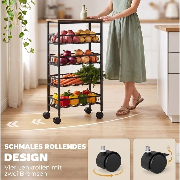Küchenwagen mit 4 Ausziehkörben, Ablagefläche und Rollen, 40x24x81,5 cm, Braun – Bild 5