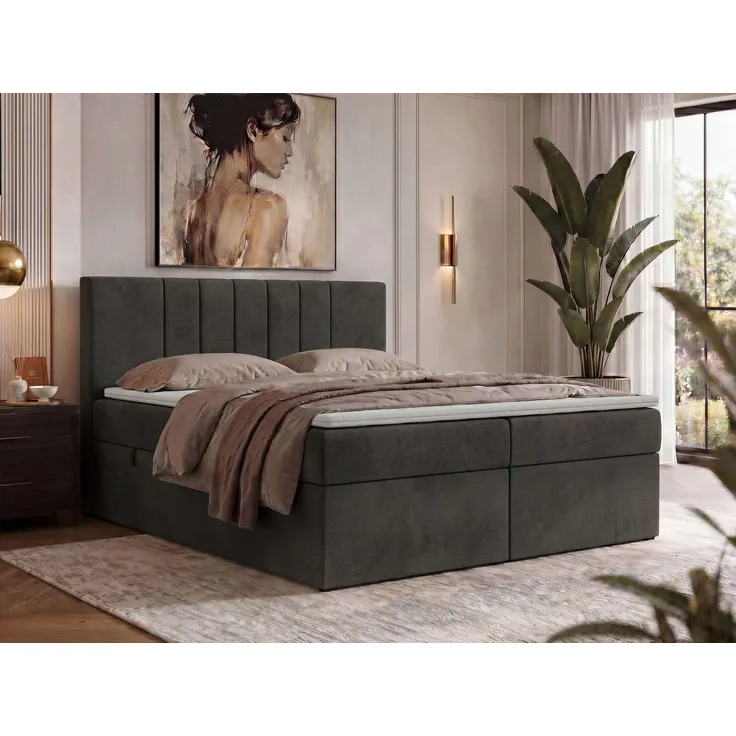 Boxspringbett INERO 180 x 200 mit Matratze H4 und Topper Visco, 7-Zonen-Multipocket-Kern, zwei Bettkästen, Doppelbett, gepolstert Kopfteil - Dunkelgrau Velvet