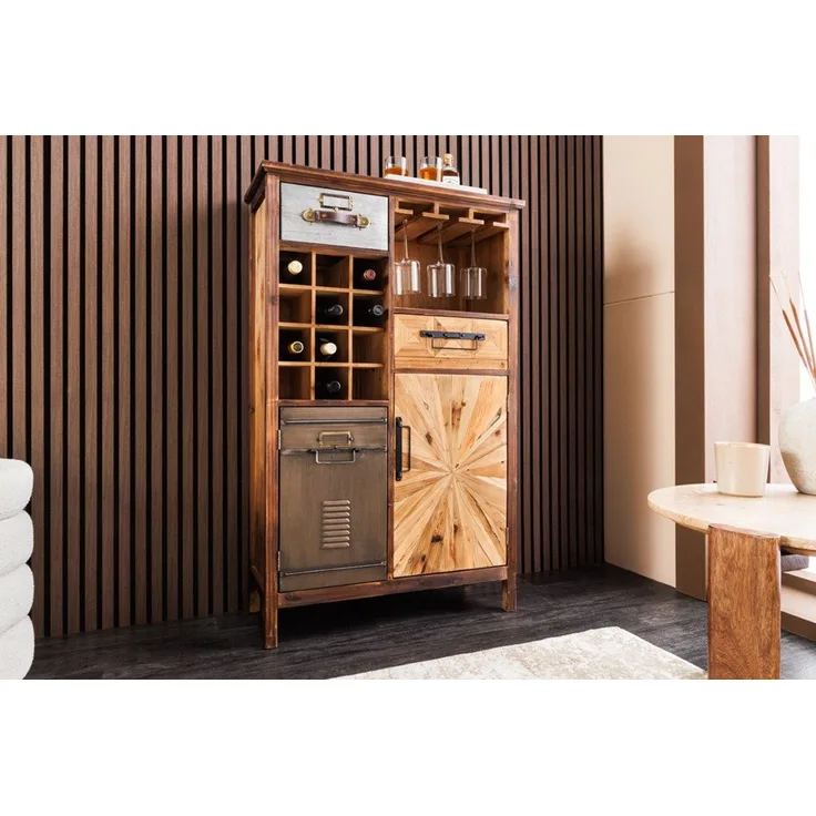 riess-ambiente Barschrank ATELIER 120cm natur - Pinienholz, Metall-Vintage-Bar, Gläseraufhängung (Einzelartikel, 1-St) Authentischer Weinregal - ideal für Küche, Esszimmer oder Loft-Wohnung