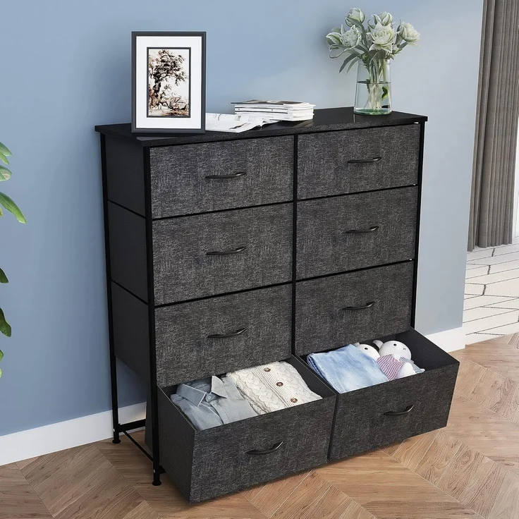 YITAHOME kommode mit Schubladen, Schrank mit 8 Schubladen aus Stoff, Modernen Stil, Stabiler Metallrahmen, Holztischplatte, Aufbewahrungskommode für Schlafzimmer, Wohnzimmer, Flur, Schwarz und Grau – Bild 9