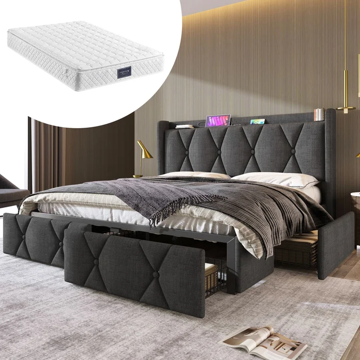 Polsterbett 140×200 cm aus Leinen-Stoff mit USB-Anschluss, vier Schubladen und Matratze, grau – Bild 1
