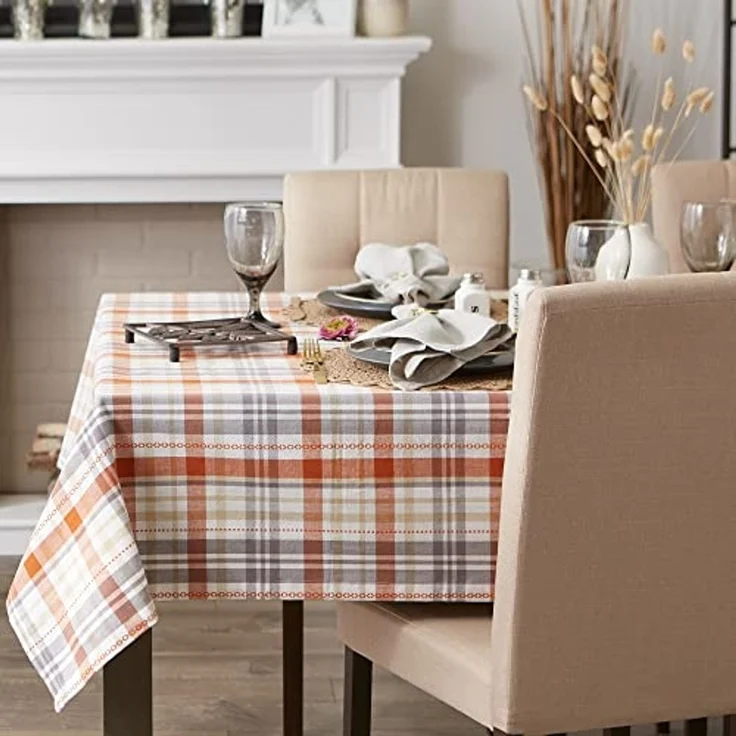 DII Herbstnachmittag Bauernhaus Küche Thanksgiving & Herbst Dekor für Zuhause, Tischdecke, 60 x 120 cm, Kürbiskariert, Orange und Grau – Bild 3