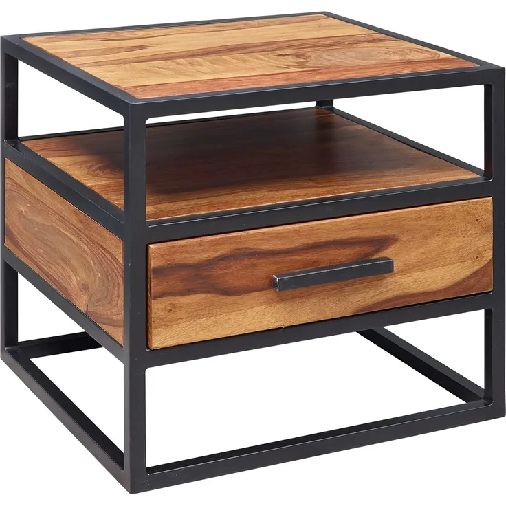Nachtkonsole FB51418 Sheesham Holz 50 x 45 x 45 cm Metall schwarz Nachttisch | Nachtkästchen mit Schublade Industrial Design | Industrie Nachtkommode Bett | Nachtschrank Nachtkasten braun