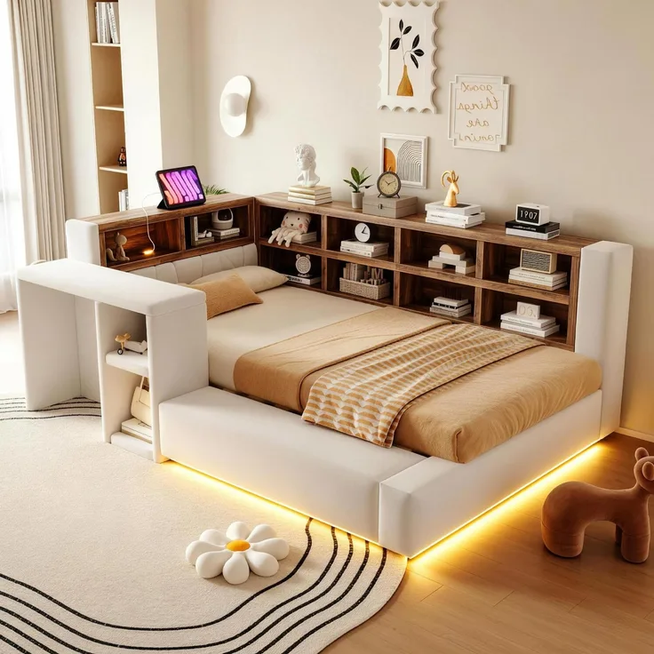 U-life Polsterbett 90x200 cm, fürs Schlafzimmer, Mit Polsterbezug, Mit Mehrstufigen Stauräumen, LED-Beleuchtung, Integrierten, Samtstoff, Beige