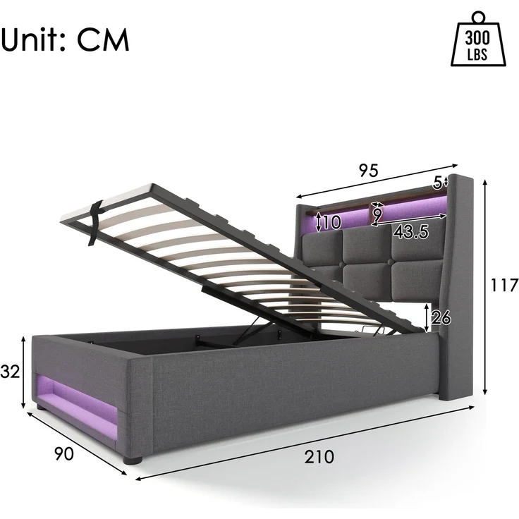 EINHOM Polsterbett mit USB 90 x 200 cm, LED Einzelbett mit Lattenrost aus Metallrahmen, Bettgestell aus Leinenmaterial Jugendbett, Grau (Ohne Matratze) – Bild 2