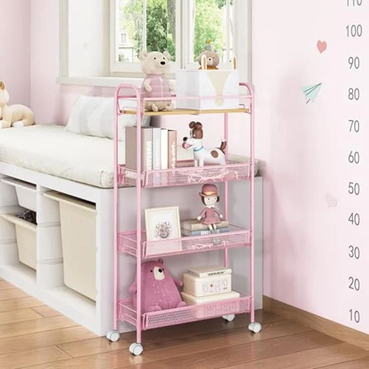 KINGRACK 4-Stufen Schmaler Küchenwagen mit Rollen Mit Holzplatte & Schiebe-Körben, Rollwagen Metall Für Enge Räume In Küche, Badezimmer, Wohnheim & Schlafzimmer, Rosa – Bild 8