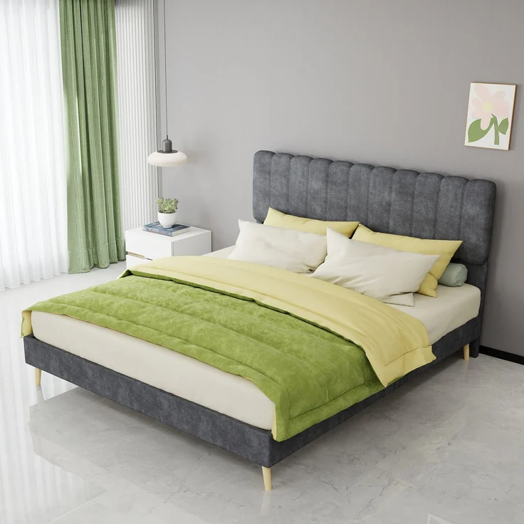 Novelux Modernes Polsterbett 160x200 cm mit weichem Kopfteil – Samtstoff Grau, Massivholz Bettrahmen, Minimalistisches Design ohne Matratze – Bild 8