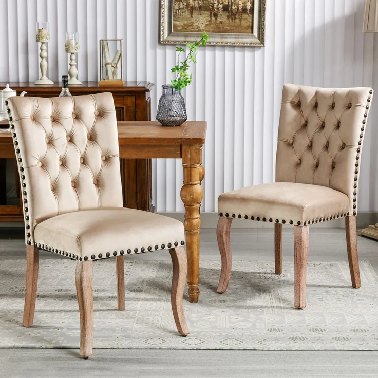 2er Set Esszimmerstuhl Samt gepolstert Massivholz mit Kupfernägeln, modernes Design, komfortabler Sessel,Helles Kamel – Bild 6