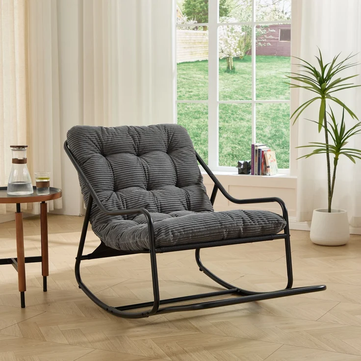 JARDJ Outdoor-Schaukelstuhl, bequemes Kissen, mit weichem, dickem Polster, für Wohnzimmer, Schlafzimmer, Leseecke, schwarzes Gestell mit grauem Kissen, Grau – Bild 2