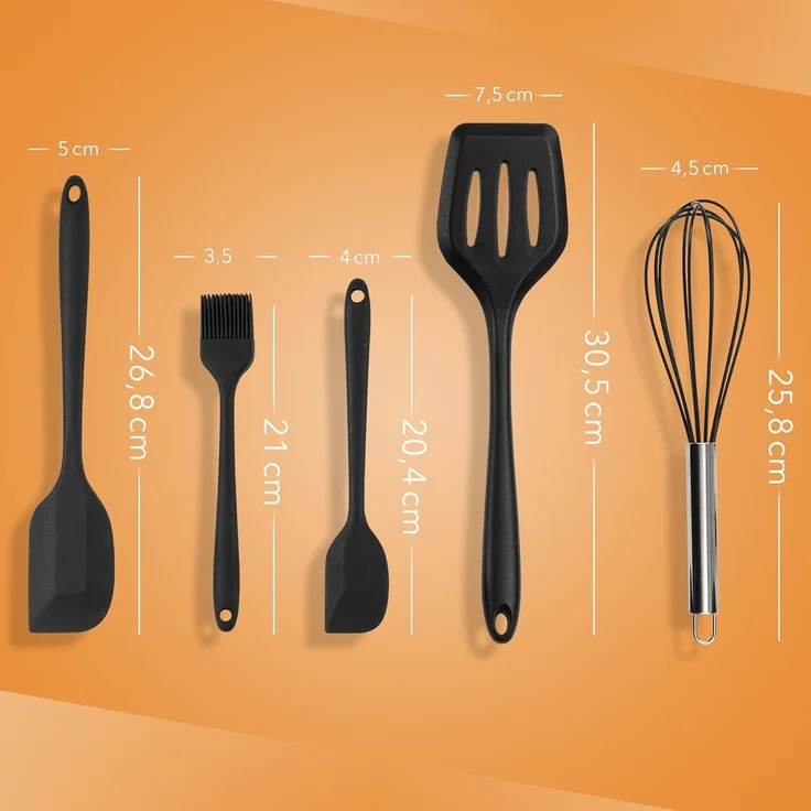 AVANA Kochbesteck-Set Silikon Küchenhelfer Hitzebeständig Kochgeschirr Küchenutensilien (5 Stück), Schneebesen, Spachtel, Backpinsel, Pfannenwender – Bild 3