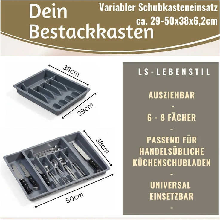 LS-LebenStil Besteckkasten Schubladeneinsatz Besteckkasten 29-50cm Grau ausziehbar Besteckbox (Besteckbox ideal in Küche, Haushalt für Aufbewahrung & Organisation, 1 St, Organizer verstellbar für handelsübliche Küchen-Schubladen), Kunststoff Cutlery Ut... – Bild 2