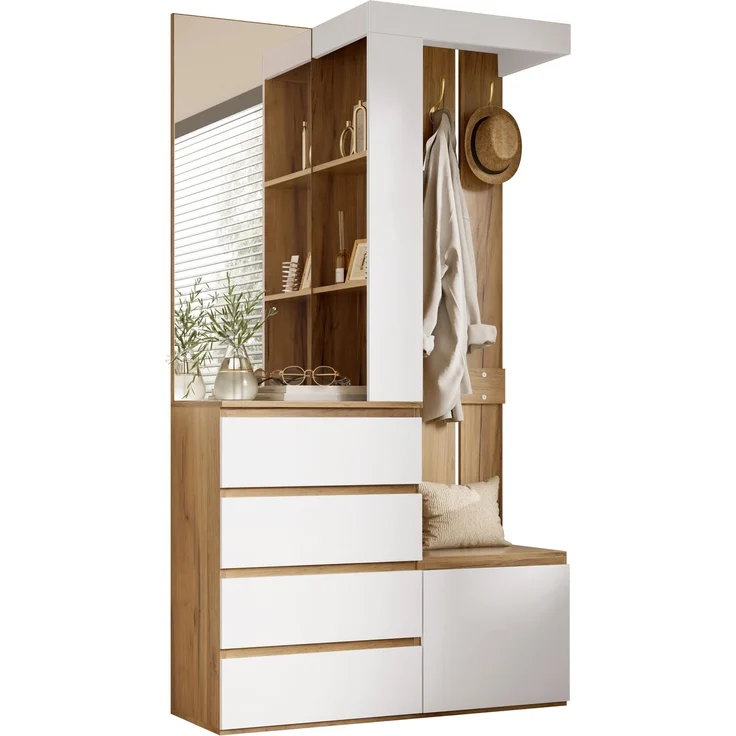Garderoben-Set 100x35x180 cm mit Spiegel, 4 Schubladen, Tür und Haken – Bild 8