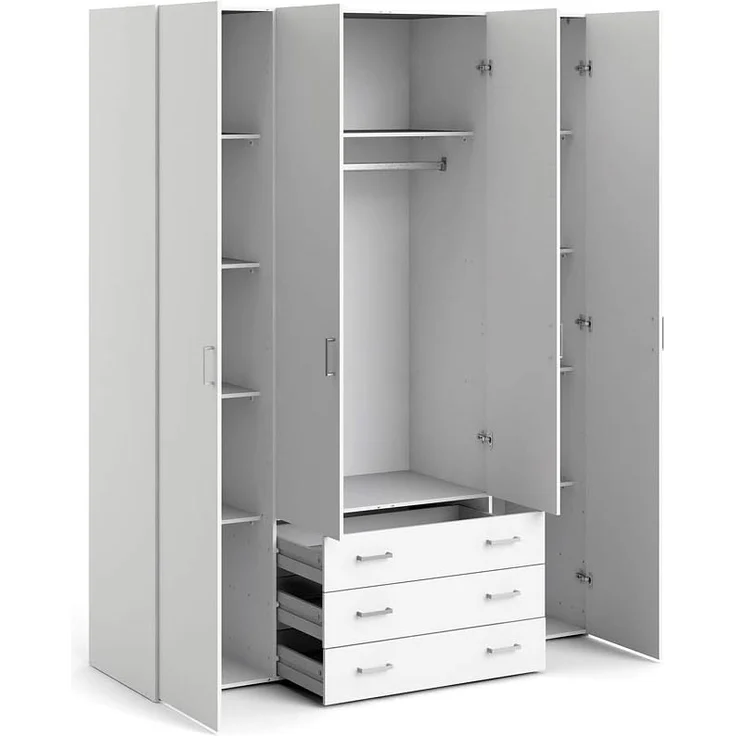 Kleiderschrank mit vier Türen und drei Schubladen, Farbe Weiß, Maße 154 x 200 x 49 cm – Bild 5