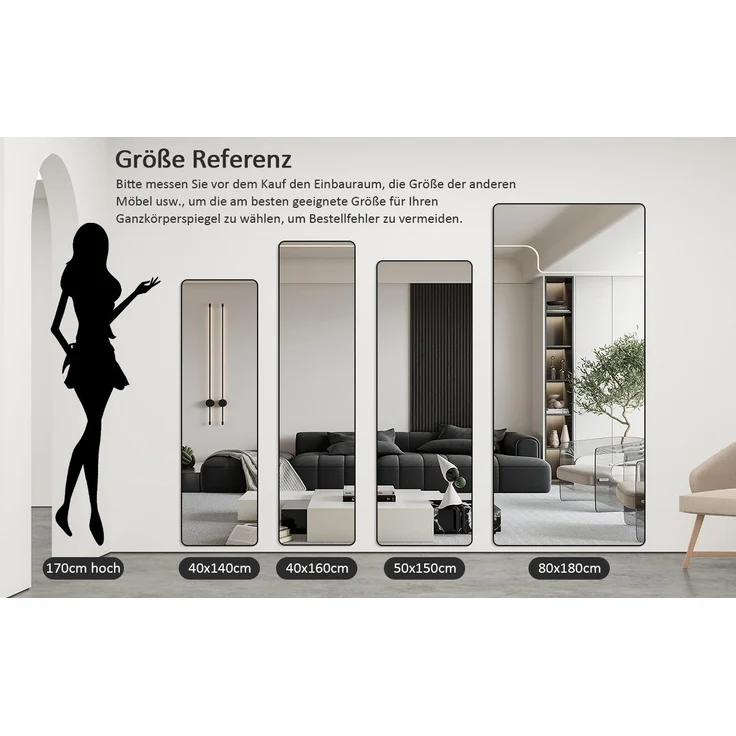 Hopibath Spiegel groß für Wohnzimmer Schlafzimmer Flur Garderobe Hotel (Ganzkörperspiegel Schwarz Rechteckig, 180x80, 150x50, 160x40, 140x40), Alurahmen, 4 Installationsmethoden – Bild 2