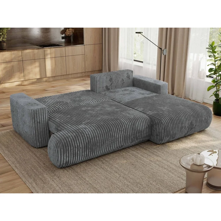 Ecksofa OVO mit schlaffunktion und bettkasten, Wellenfeder, lose Kissen, L-form 271x195 cm - Dunkelgrau Cord - rechte Seite – Bild 3