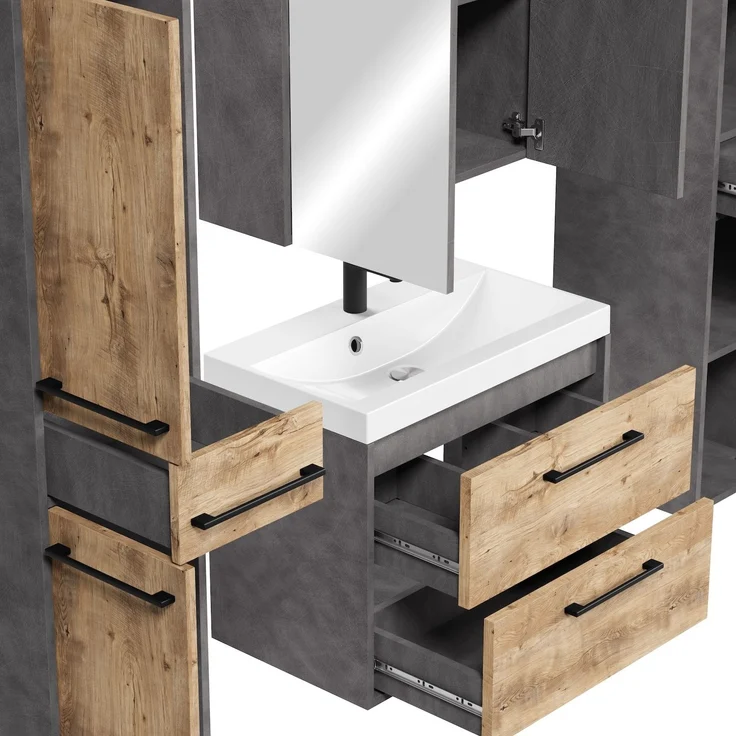 Badplaats Badmöbel Komplettset Florence XL 60 x 35 cm Kastanien Eiche mit Dunkel Grau - Badezimmermöbel mit Waschbecken, Spiegelschrank und 2 Hochschränke – Bild 3