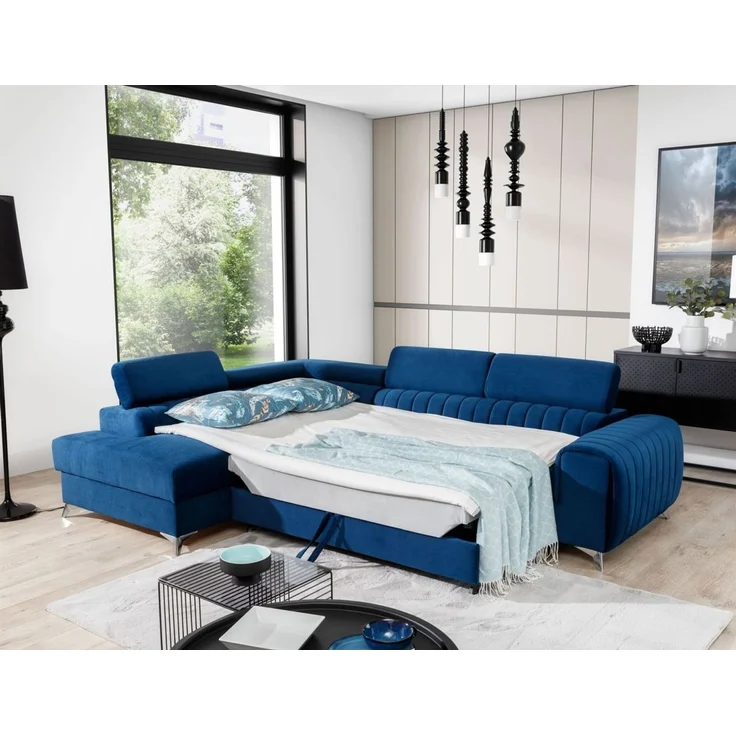 Ecksofa mit Schlaffunktion Sofa ELENI Stoff Kronos Blau Ottomane Links – Bild 2