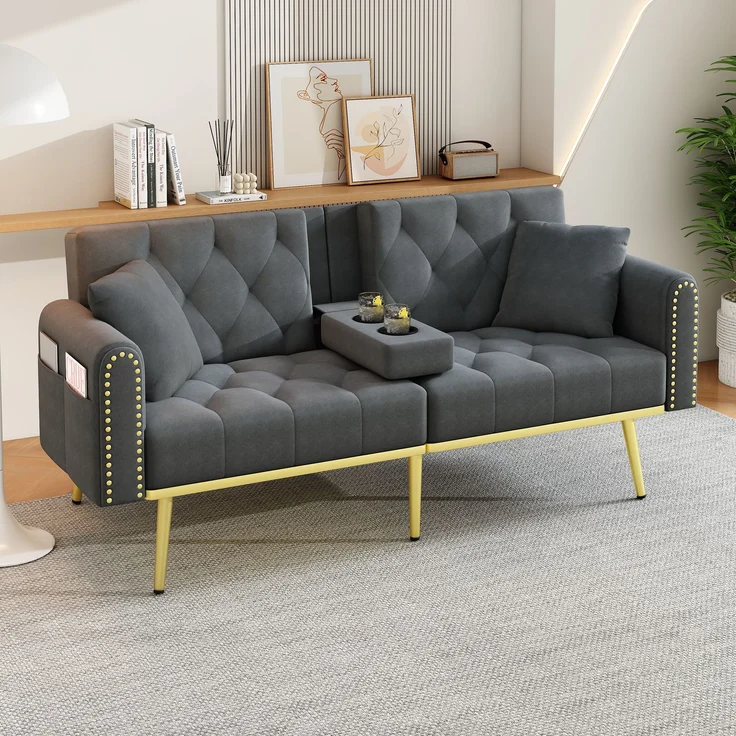 ZUBALIYA Schlafsofa 80x73.5 cm, mit LED - Beleuchtung, mit Stauraum, mit Leiter, mit Samtbezug, mit breiten Armlehnen, Gold – Bild 2