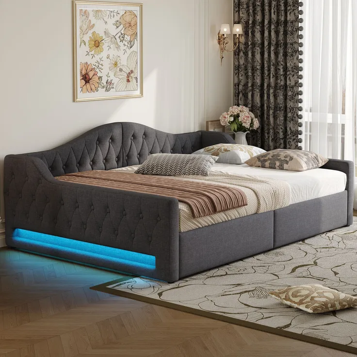 Tagesbett 140x200 cm mit LED-Beleuchtung & Stauraum, ohne Matratze, Leinen Grau