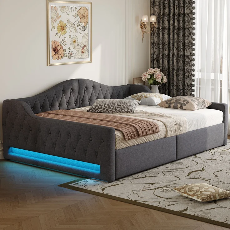 Tagesbett 140x200 cm mit LED-Beleuchtung & Stauraum, ohne Matratze, Leinen Grau – Bild 1
