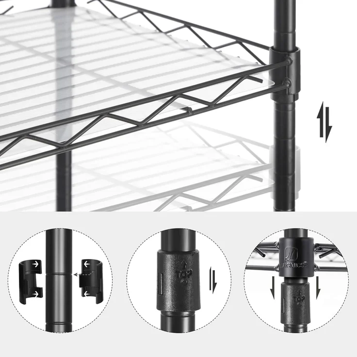 Songmics Küchenregal mit 5 Ebenen, Metallregal, Standregal, höhenverstellbare Gitterablage, mit PP-Kunststoffplatten, 8 S-Haken, für Küche, Wohnzimmer, bis zu 100 kg belastbar, schwarz LGR115B01 – Bild 6