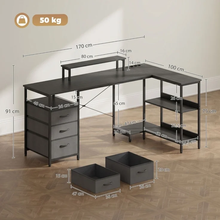 Schreibtisch in L-Form, umkehrbarer Eckschreibtisch mit Schubladen und Regalen, 170 cm, Schwarz--Schwarz--170x100x91cm--YOUDENOVA – Bild 3