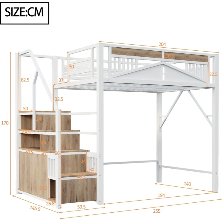 EINHOM Metall-Hochbett 140 x 200 cm, Einzigartiges Sicherheitsgehäuse mit Fenster, Sicherheitsleiter mit Spind, Weiß (Ohne Matratze) – Bild 2