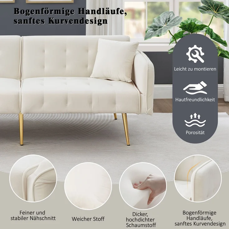 Sofabett 2-in-1 Samt,Zweisitzer mit verstellbarer Rückenlehne & Armlehnen, zum Gästebet,Weiß – Bild 8