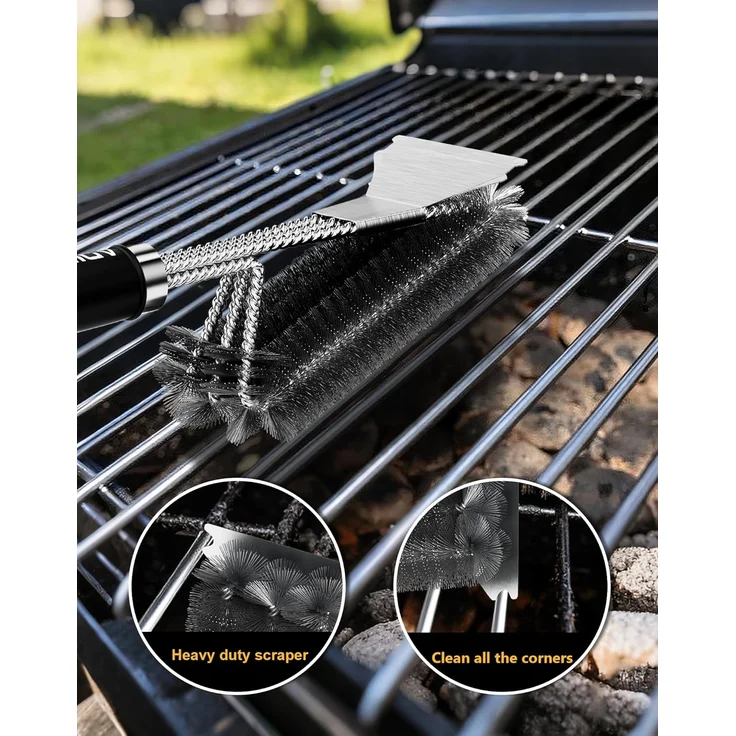 VDISRR Grillbürste, Grillbürste für Gussrost, Dreireihigen Edelstahlborsten, Lange Griff aus Kunststoff, für Holzkohle-, Elektro- und Gasgrills (Grillbürste mit Vertikalschaber) – Bild 6