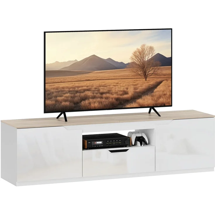 TV-Lowboard, Hochglanz, für Fernseher bis 65'', 3 Fächer, Schublade, 160 x 38 x 43 cm, Naturholz--Naturholz--160x38x43cm--YOUDENOVA – Bild 1