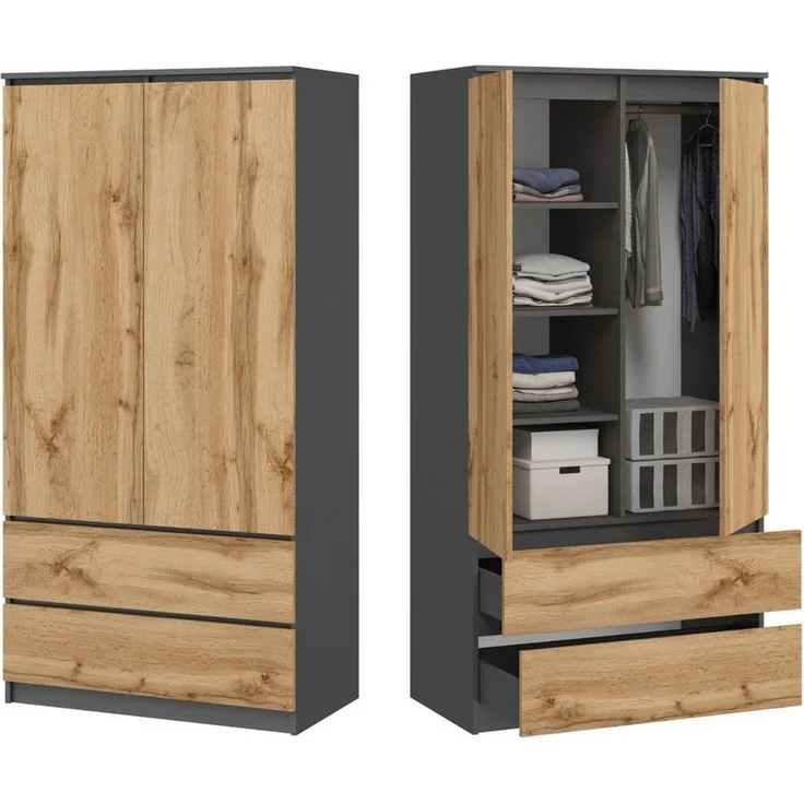Home Collective Kleiderschrank Schrank 90cm breit mit 2 Schubladen, 3 Einlegeböden und Kleiderstange (Haushaltsschrank Schrank Organizer erweiterbar auf 235cm Höhe für Schlafzimmer Flur Keller Büro) 180cm hoch mit 7 Fächern aus Holz in Anthrazit / Eiche – Bild 1