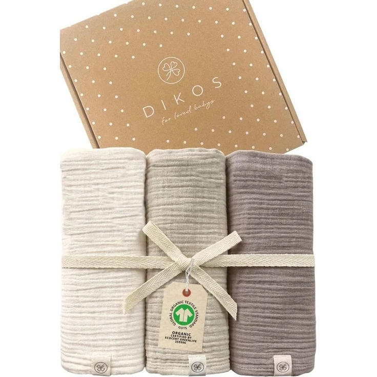 Babydecke Mulltücher 3er-SET gekreppt, Spucktuch 64x64 100% GOTS BIO-Baumwolle, DIKOS, PREMIUM Qualität atmungsaktiv, nachhaltig, plastikfrei, kuschelweich – Bild 1
