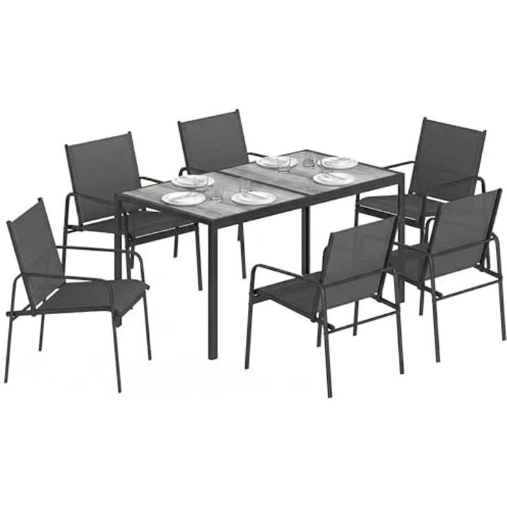 Outsunny Garten-Essgruppe Tisch mit 6 Atmungsaktiven Stühlen, Holzoptik, Stahlrahmen, (Gartenset, 7-tlg, Gartenmöbel Set), für Garten Balkon Terrasse Schwarz – Bild 1